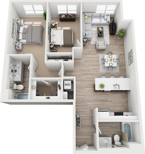 a stylized floor plan with a bedroom and a living room