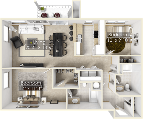 a floor plan of a two bedroom apartment with two bathrooms and a balcony