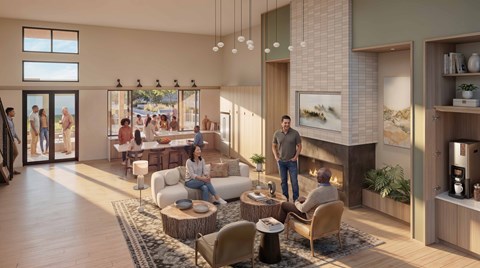 A modern living room with a fireplace and people sitting around.