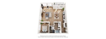 A floor plan of a house with a living room, dining room, kitchen, and two bedrooms.