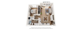 A top-down view of a small apartment with a living room, kitchen, and bathroom.