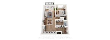 A 3D floor plan of a small apartment with a kitchen, living room, and bedroom.