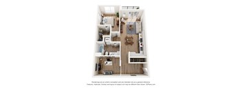 A 3D floor plan of a small apartment with a kitchen, living room, and bedroom.