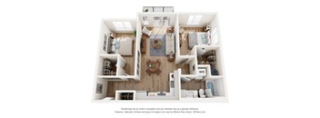 A 3D floor plan of a two-bedroom apartment with a living room, kitchen, and bathroom.