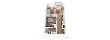 A 3D floor plan of a small apartment with a kitchen, living room, and bathroom.