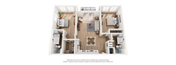 A 3D floor plan of a house with a living room, kitchen, and two bedrooms.