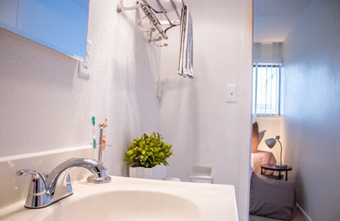 a white bathroom with a sink and a shower
