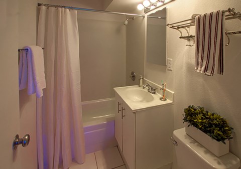 a bathroom with a sink and a tub and a shower