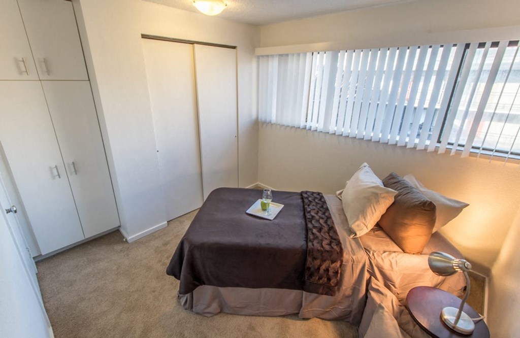 a bedroom with a bed and a closet