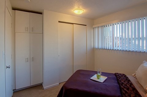 a bedroom with a bed and closets and a window