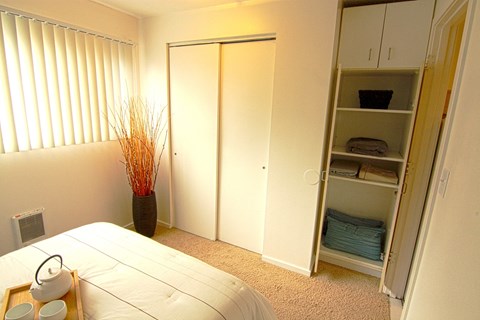 a bedroom with a closet and a bed and a window