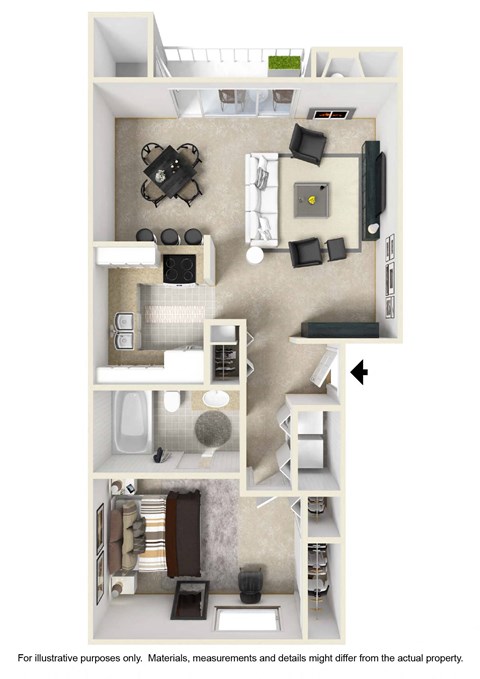 a stylized floor plan of a studio apartment
