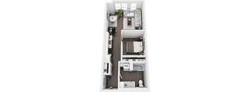 a 3d drawing of a bedroom with a bathroom and a living room