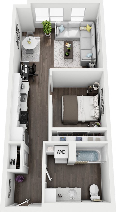 a 3d drawing of a bedroom with a bathroom and a living room