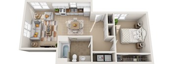 a 3d floor plan of a house with a bedroom and a living room
