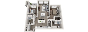 A 3D floor plan of a small apartment with a kitchen, living room, and bedroom.