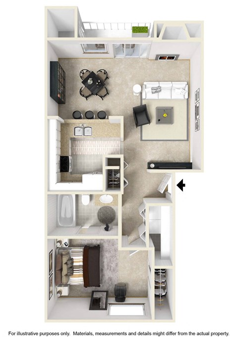 a stylized floor plan with a bedroom and a living room