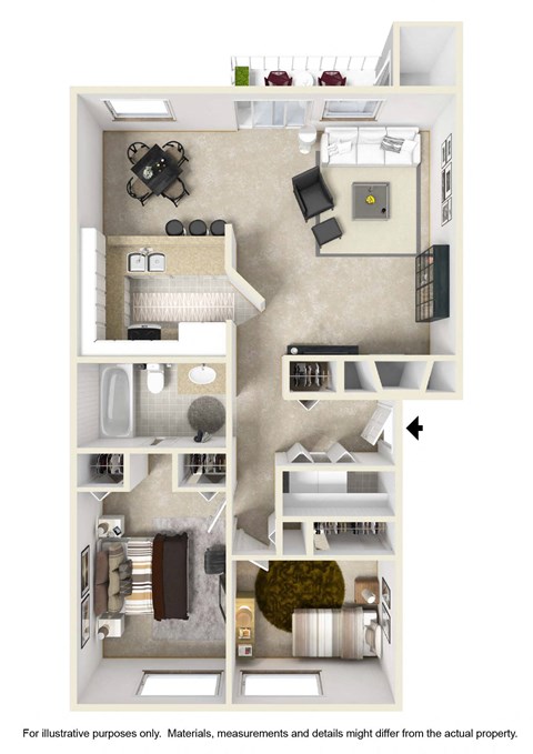 a stylized floor plan of a 1 bedroom apartment