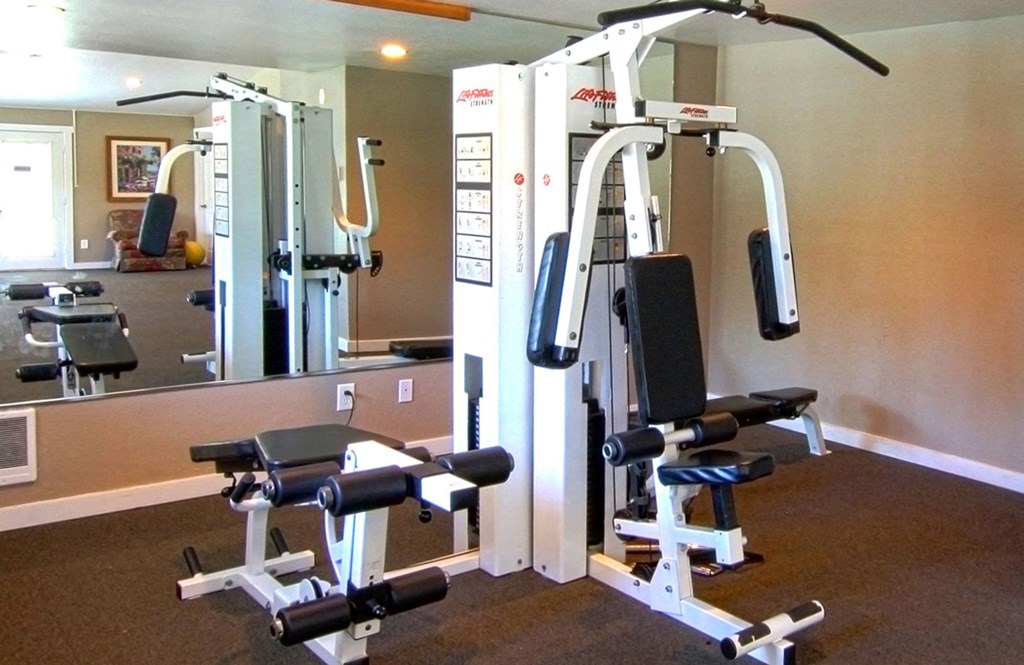 a home gym with weights and a mirror