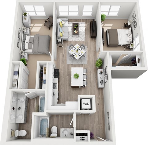 a 2 bedroom floor plan with a bathroom and a living room