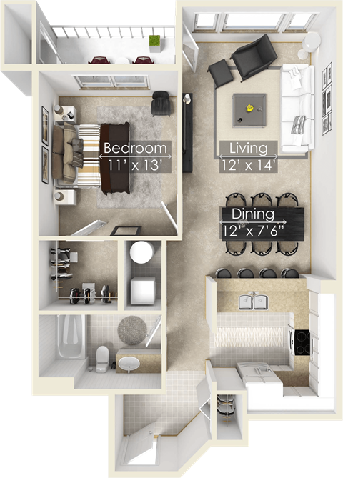 a floor plan of a one bedroom apartment with a bathroom and a living room