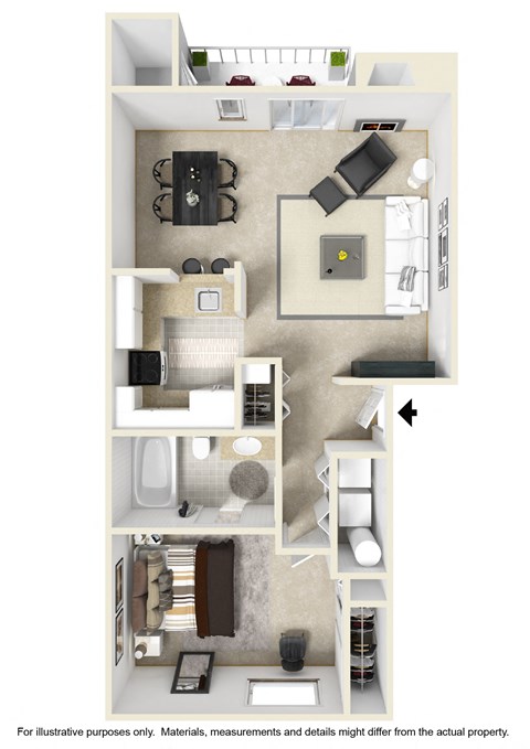 a stylized floor plan of a studio apartment