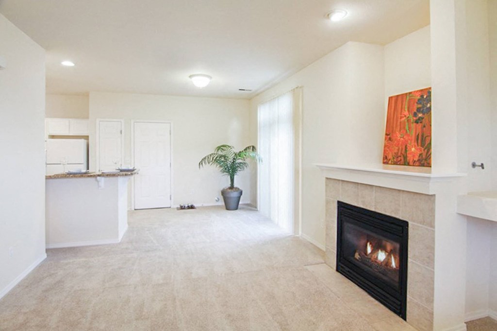 a living room with a fireplace and a kitchen