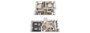 a stylized floor plan of a house with two different views