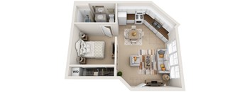 a stylized floor plan of a house with a living room and a dining room