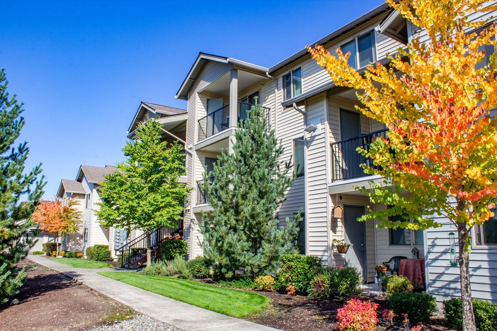 the view of an apartment building with trees and a sidewalk