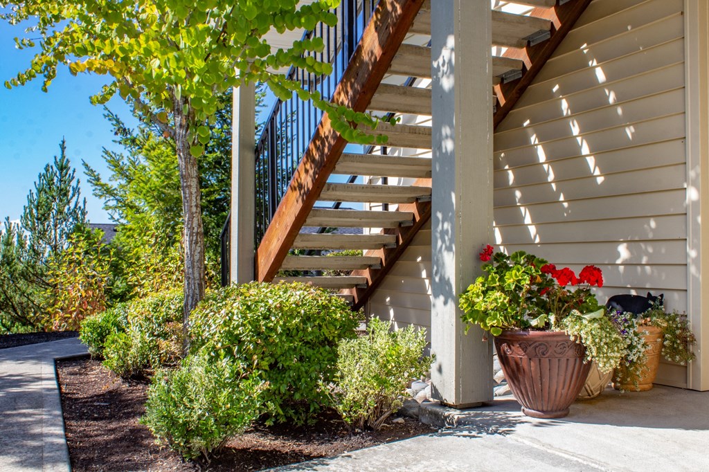 a porch with stairs and flowers in front of a house