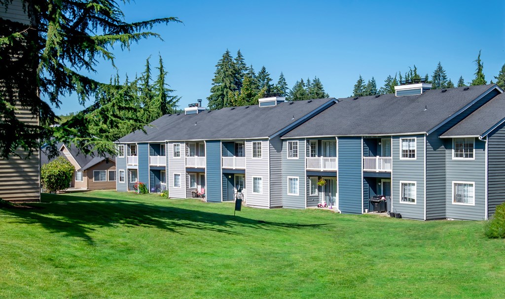 a row of houses on a lush green lawn