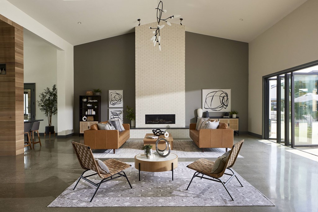 a rendering of a living room with a fireplace