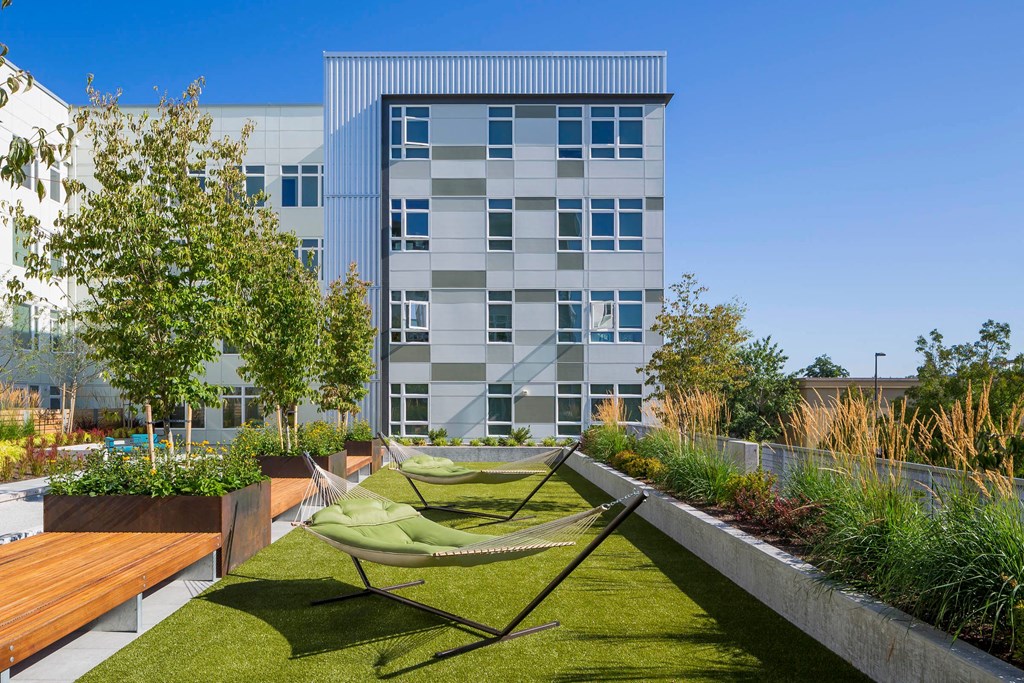 a hammock in a garden in front of an apartment building