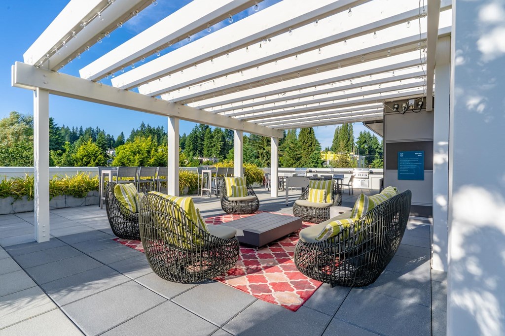 underneath arbor in outdoor lounge