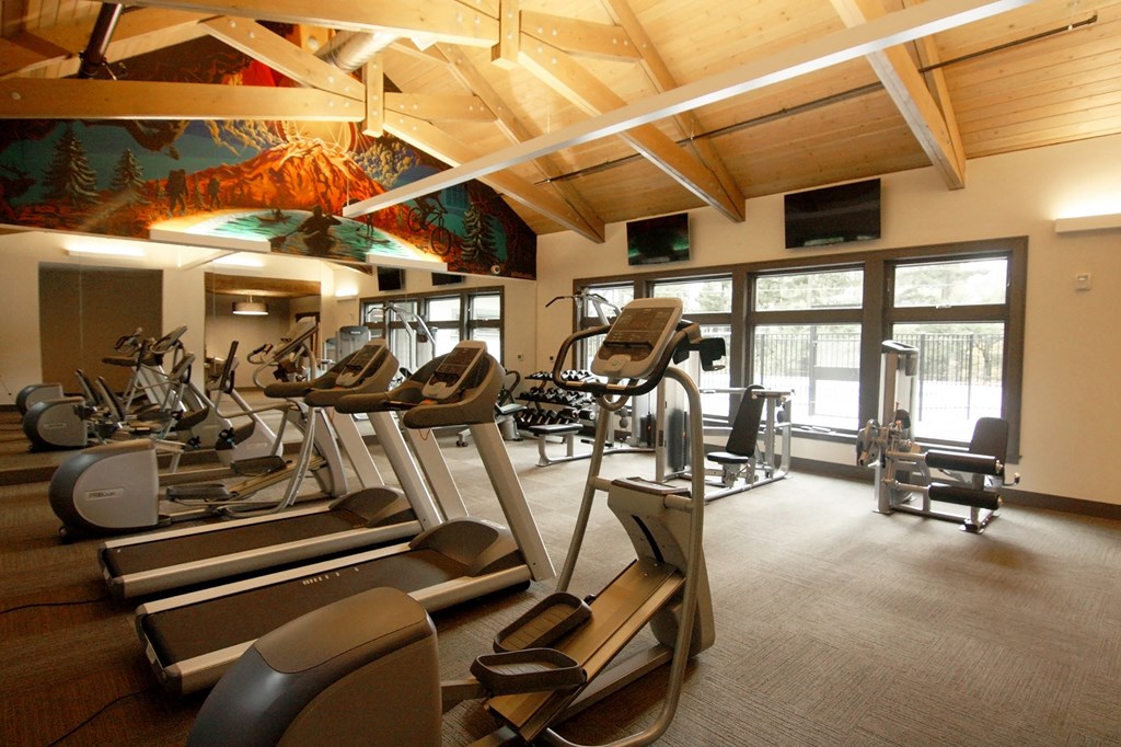 a gym with weights and cardio equipment in a building with windows