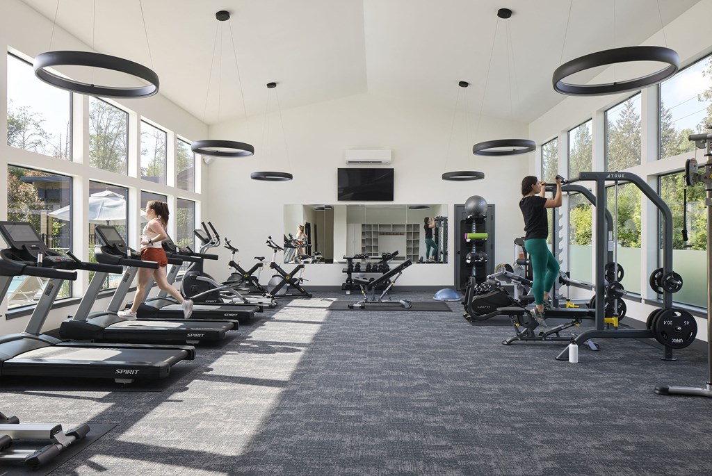 a large exercise room with treadmills and other exercise equipment