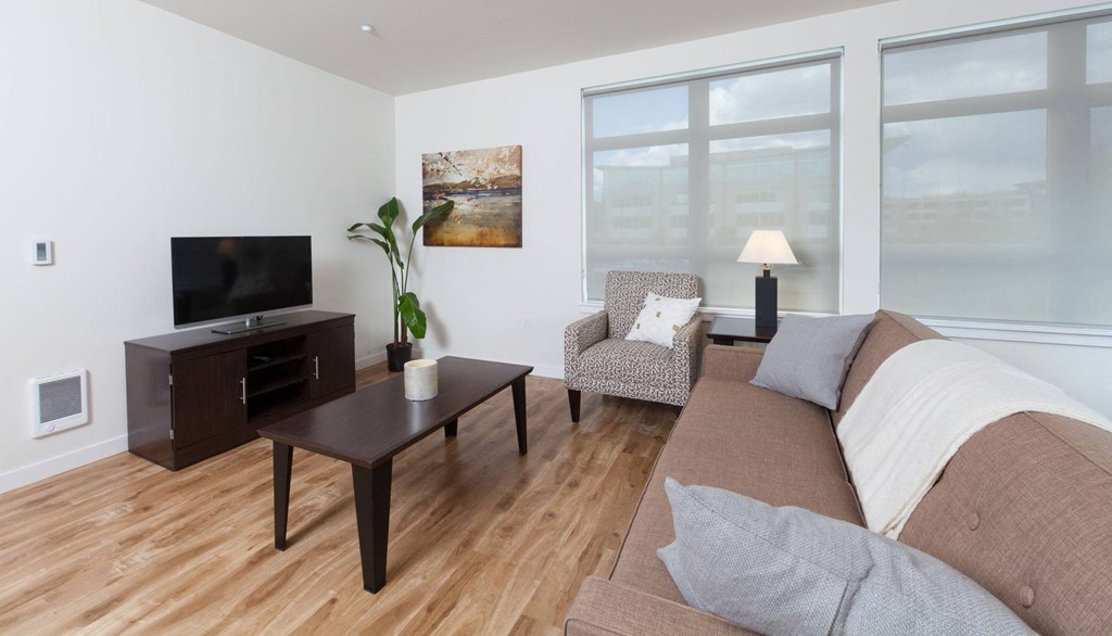 a living room with a couch and a tv
