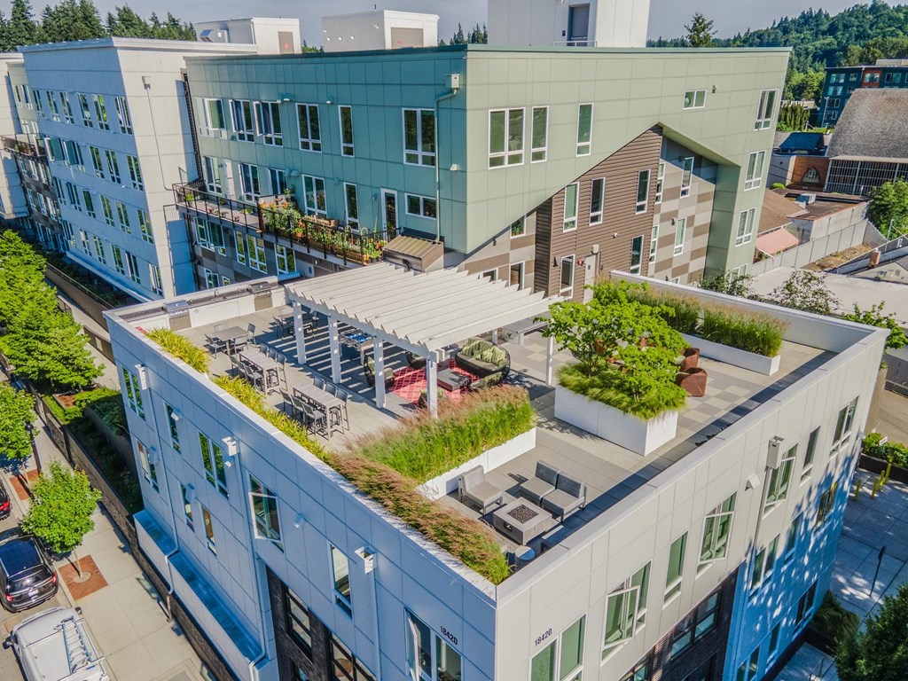 outdoor lounge seen from aerial view, northwest