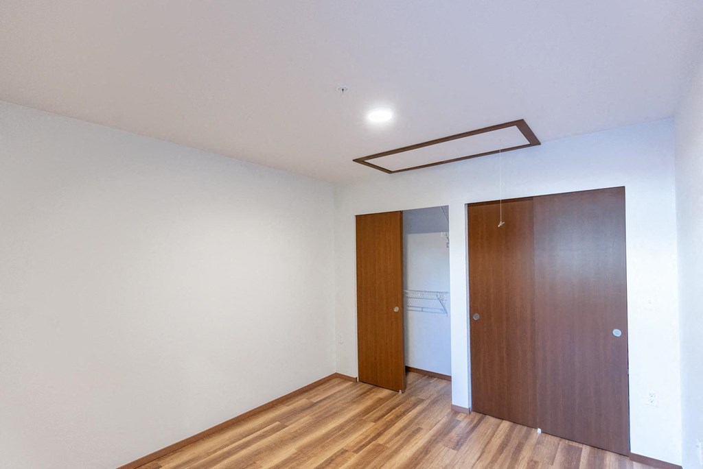 an empty room with a wardrobe and a door