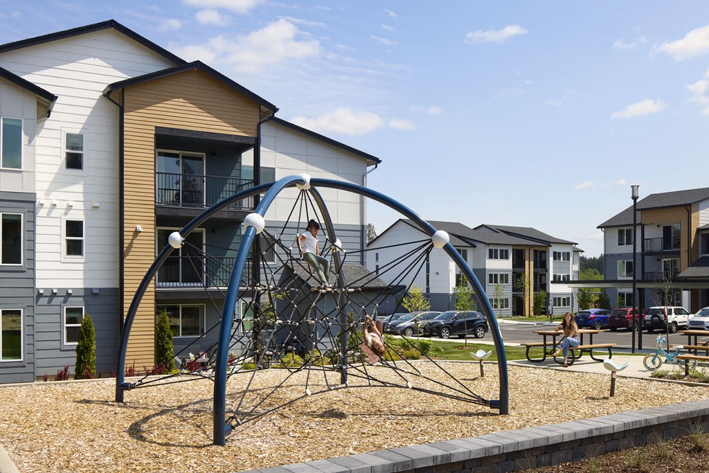 a playground with a climbing frame in front of a row of apartment buildings