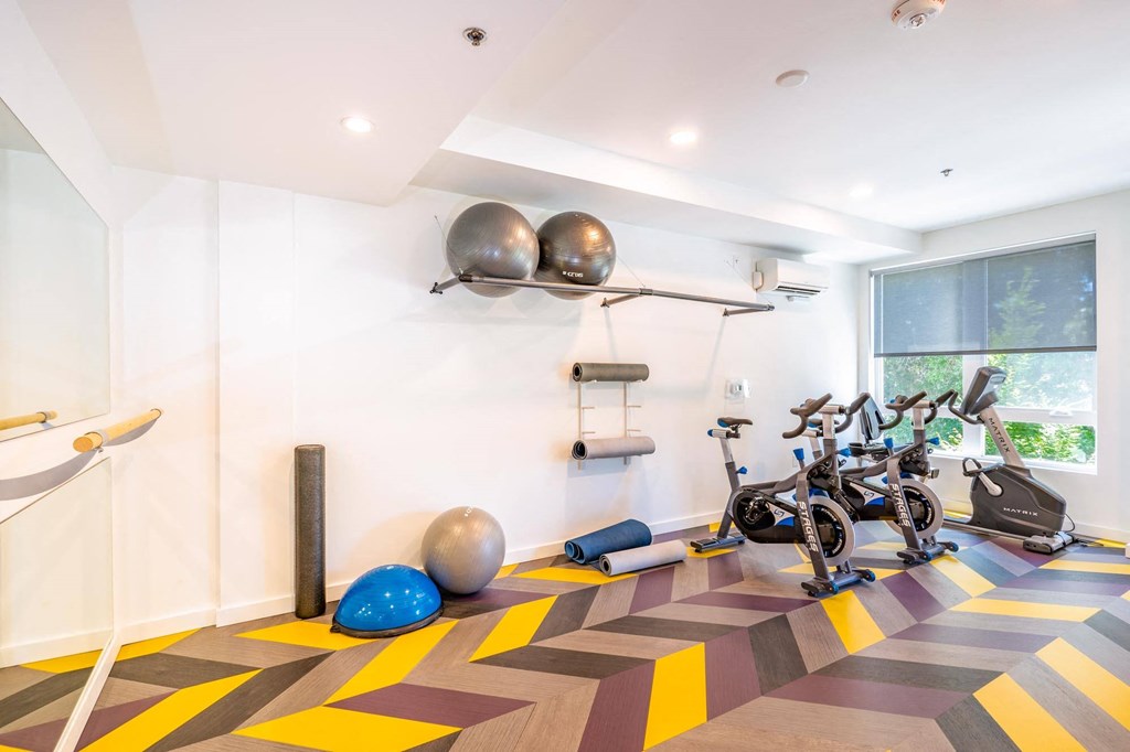 fitness center bike and stretching area