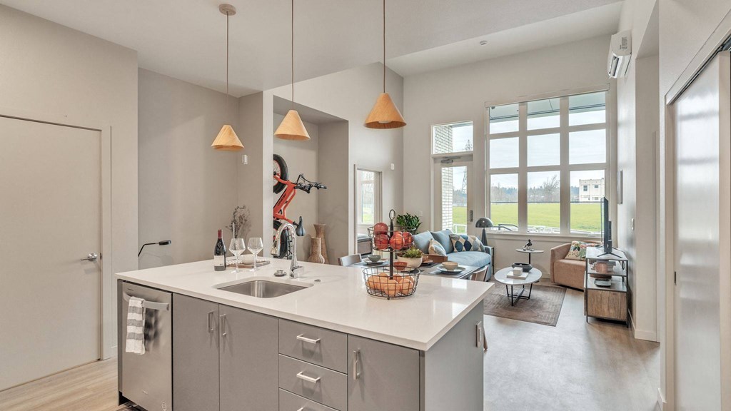 a kitchen with a sink and a view of a living room