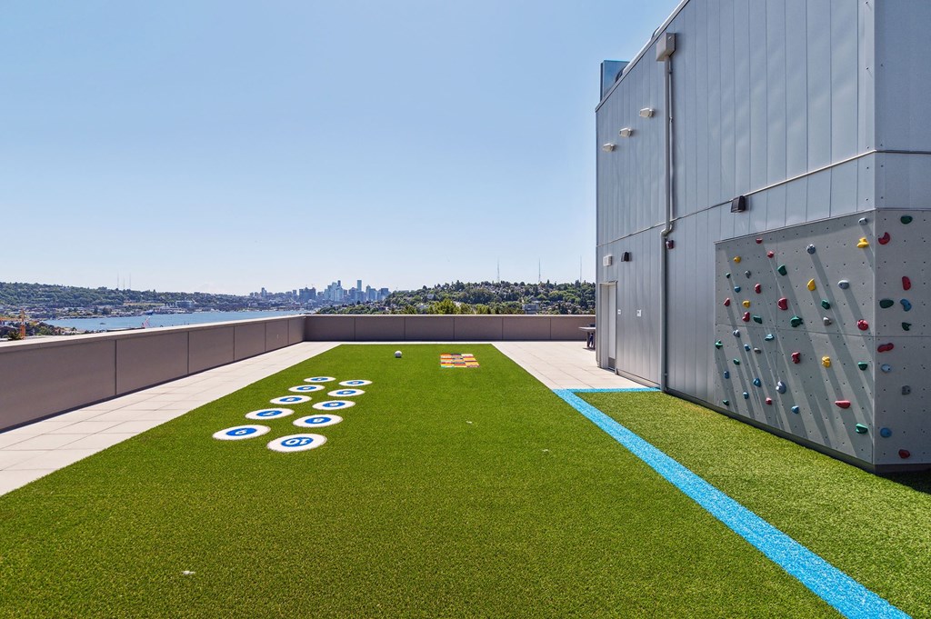 a view of the city from the rooftop climbing wall