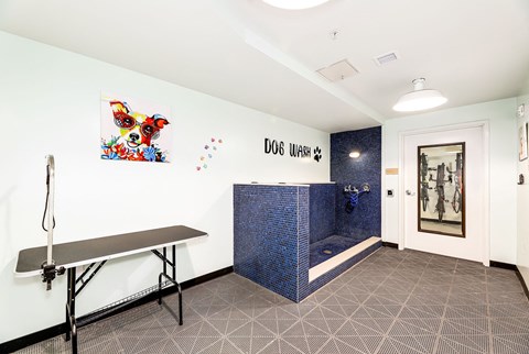 a room with a bench and a blue tiled wall
