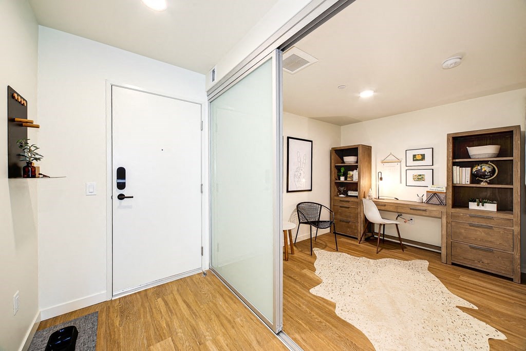 a sliding glass door in a home office