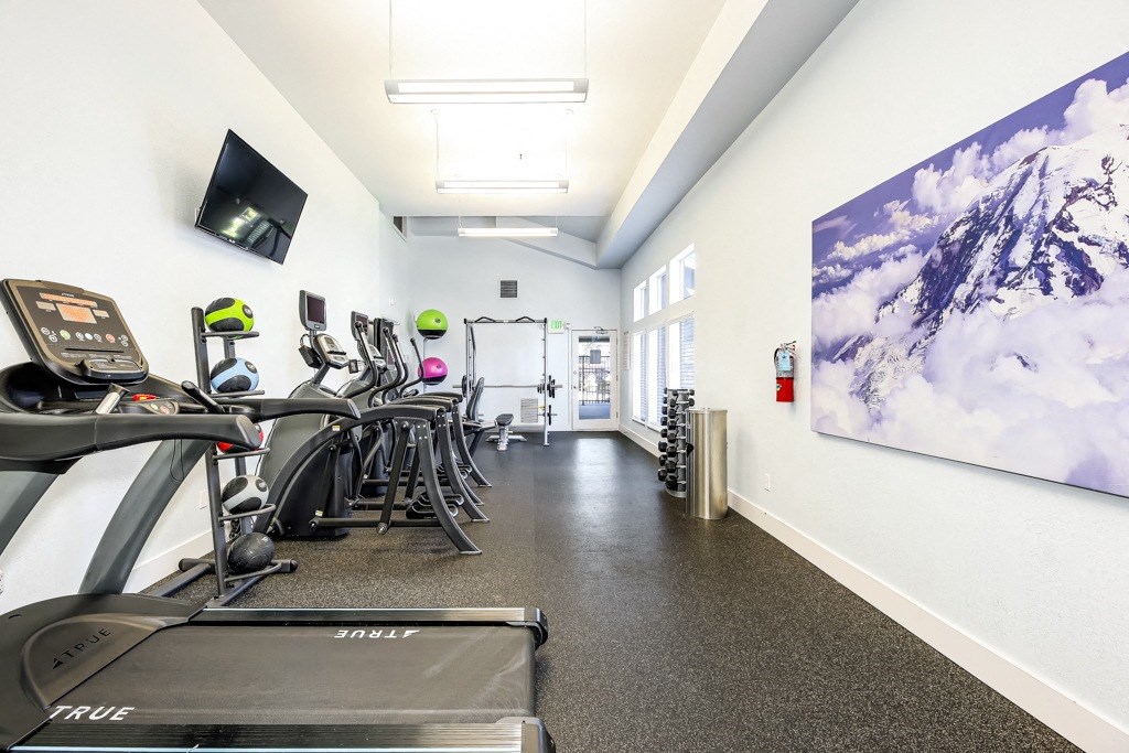 a gym with cardio machines and a tv on the wall