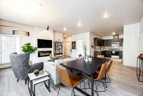 a living room with a couch and a table
