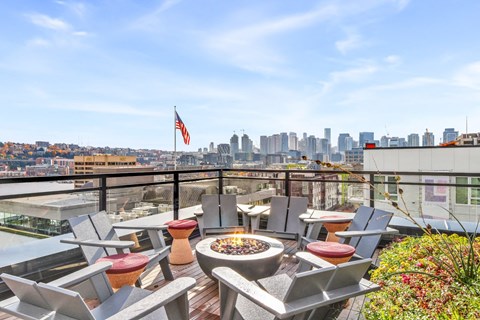 the rooftop patio has a fire pit and views of the city