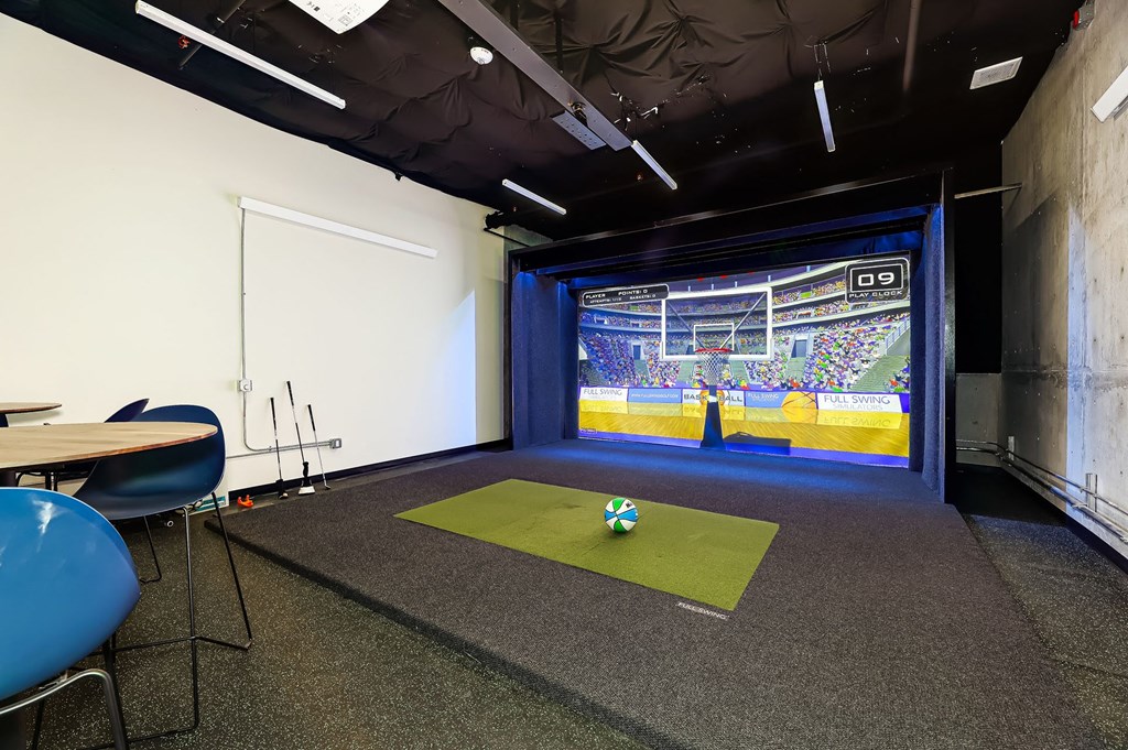 a game room with a ball on a projector screen